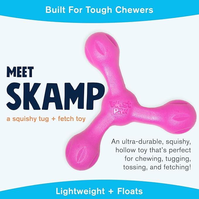 WEST PAW Zogoflex Air Skamp Tug-of-War Stick Dog Chew Toy – Hollow, Squishy Interactive Toy for Dogs, Puppies – for Chewing, Catch, Carry, Fetch, Dishwasher Safe, Latex-Free, Large 8.5", Hot Pink-Mewly Pet