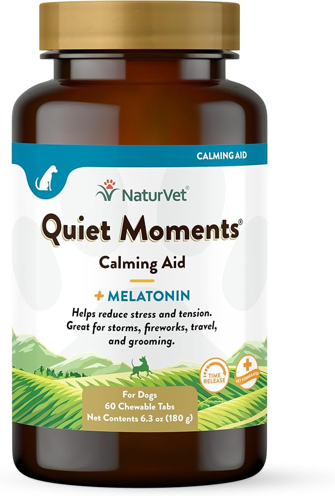 NaturVet Quiet Moments Calming Aid Dog Supplement, Helps Promote Relaxation, Reduce Stress, Storm Anxiety, Motion Sickness for Dogs (Quiet Moments Melatonin, 60 Soft Chews)-Mewly Pet