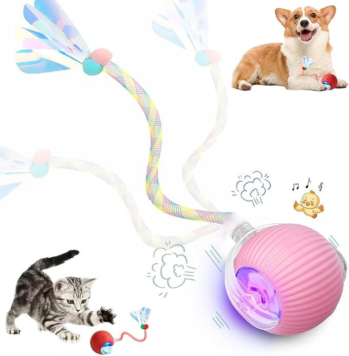 Speed 2.0 Tail Interactive Cat Toys for Indoor Cats, Chirping & Motion Activate Ca t Toy, Smart Kitten Rolling Ball Moving Ball Toys, Rechargeable Dog Cat Bal l for Enrichment Exercise (Pink)-Mewly Pet