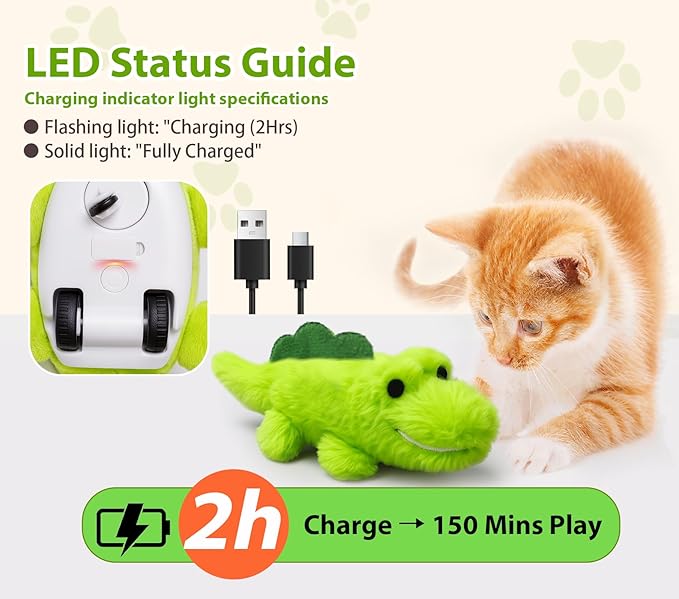 Interactive Cat Toys for Indoor Cats - Automatic Moving Cat Chase Toy for Bored Indoor Adult Cats - 360° Random Movement, Tail Wagging & Catnip Stimulation - Electric Croc(Long Plush)-Mewly Pet