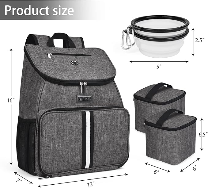 BAGLHER丨Dog Travel Bag, Airline Approved Pet Supplies Backpack, Dog Travel Backpack Accessories Set with 2 Silicone Collapsible Bowls and 2 Food Baskets, Gray-Mewly Pet