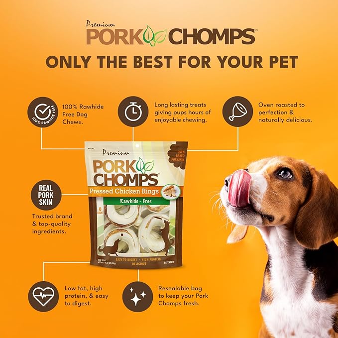 Pork Chomps Pressed Pork Skin Dog Chews, 2.5-inch Rings, Real Chicken, 8 Count-Mewly Pet