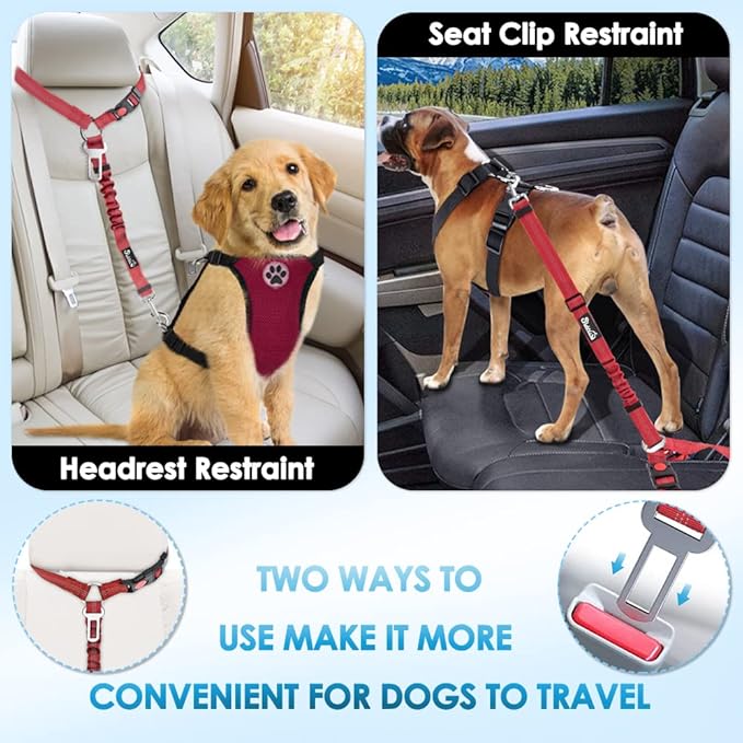SlowTon Dog Seat Belt for Car, 2 Pack Dog Car Harness Seatbelt Adjustable with Elastic Bungee Buffer, 2 in 1 Pet Car Leash Headrest Restraint Dog Reflective Safety Tether (Red, Headrest+Clip)-Mewly Pet