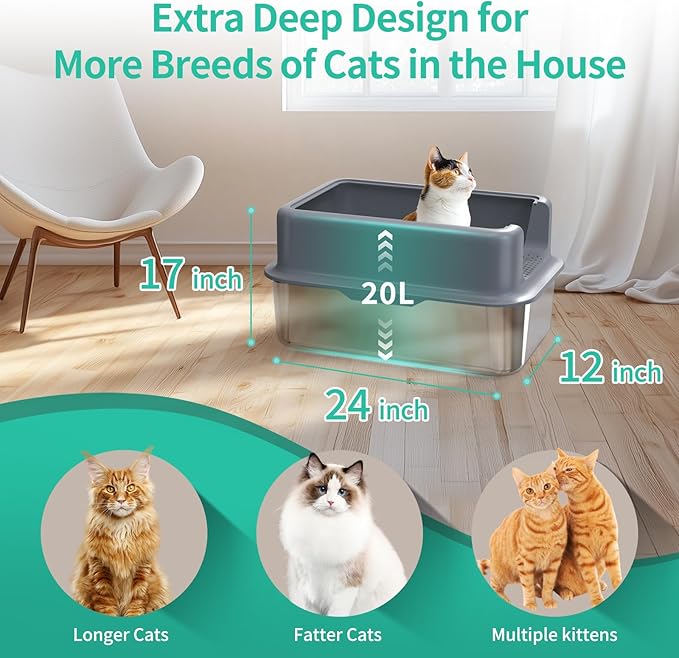 XL Cat Litter Box,24" Stainless Steel Litter Box,Large Big Cats,Extra Large Kitty 17" High Wall Sides Enclosure,Non-Sticky Easy Cleaning,Include Litter Scoop-Mewly Pet