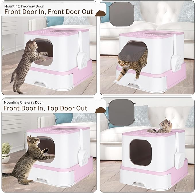 RIZZARI Foldable Cat Litter Box,Cat Box with Drawer, Large Capacity Litter Box with Lid, Top Opening Litter Pan for Small to Big Cats (Pink)-Mewly Pet