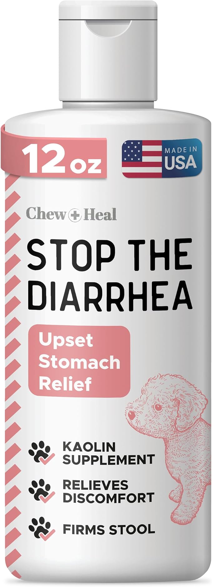Chew + Heal Labs Anti Diarrhea for Dogs - 12 oz. of Stop The Diarrhea Liquid Supplement with Kaolin for Upset Stomach Relief - Made in The USA-Mewly Pet
