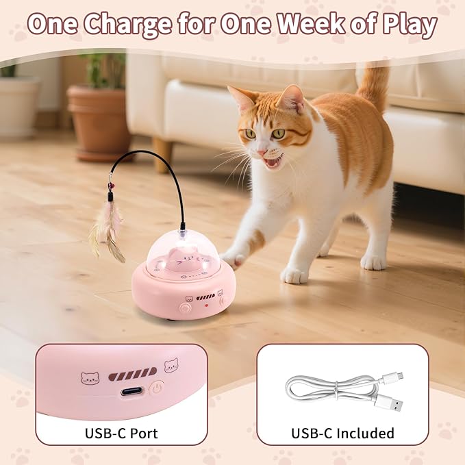 Automatic Cat Toys with Feathers, Interactive Cat Toy for Indoor Exercise, Rechargeable Teasing Toys for Indoor Cats, USB Powered, Smart Standby&Obstacle Avoidance(Pink)-Mewly Pet