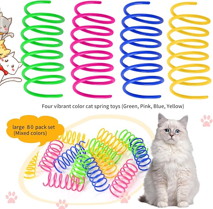 Cat Spring Toys 80 Pack, Colorful Plastic Coils Cat Kitten Spiral Spring Interactive Cat Toy for Swatting, Biting, Hunting-Mewly Pet