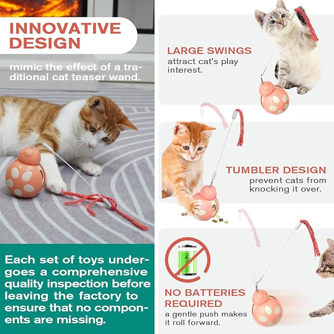 Cat Treat Interactive Toy, Indoor Puzzle Slow Feeding Mental Stimulation Sliding Rolling Cat Toy Ball with Ca-t Teaser, Cats Treat Dispenser Toy for Large, Medium and Small Cats (Pink, ladybug)-Mewly Pet