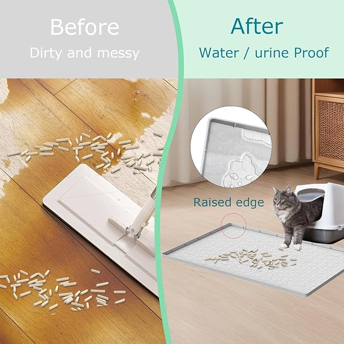 Cat Litter Mat for Litter Box, Silicone Large Cat Litter Trapping Mat - 31x22 in, Waterproof & Non-Slip, Durable & Easy Clean, Light Gray-Mewly Pet