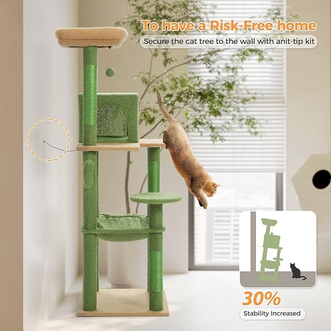 PETEPELA 56.3'' Tall Cat Tree for Indoor Cats, Cactus Cat Tower with Super Large Hammock (20''X16''), Sisal Covered Scratching Posts, Cozy Condo and Top Perch Green-Mewly Pet