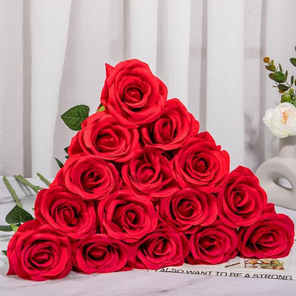 Ouddy Decor 50 Pcs Artificial Red Roses Bulk Realistic Fake Silk Flowers with Long Stems for Wedding Bridal Bouquet DIY Table Centerpieces Arrangement Valentines Home Decor