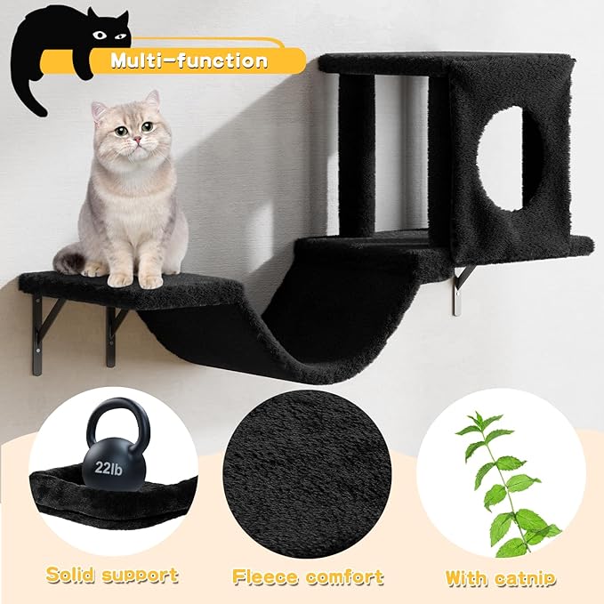 NUNU LAB Wall Mounted Cat Furniture, 6 Pcs Cat Wall Shelves with Condo House, Bridge, Steps, Scratcher, Hammock, Indoor Safe & Stable Furniture for Kittens Play, Black-Mewly Pet