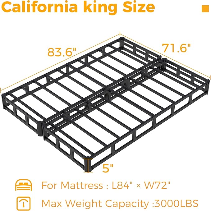 Split California King Box Spring 5 Inch, Easy Assembly Bed Foundation, Heavy Duty Low Profile Metal Box Spring with Fabric Cover, Noise Free