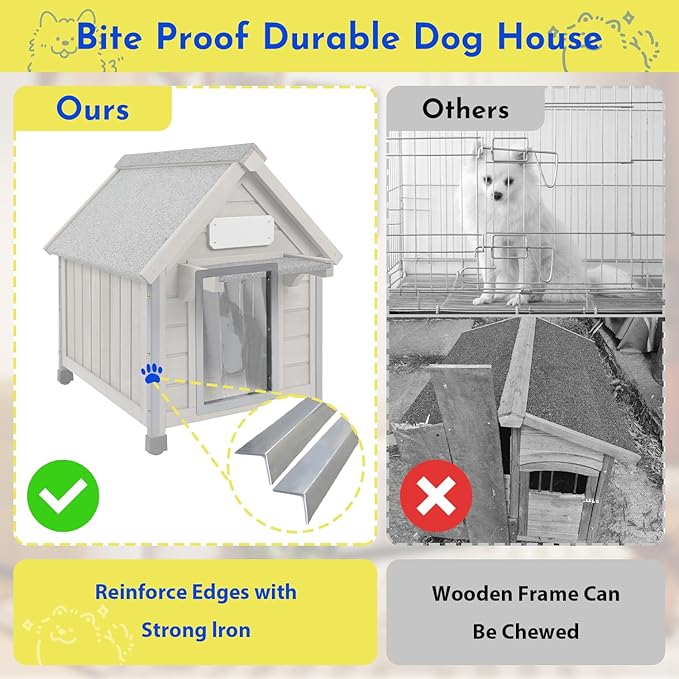 Outdoor Dog House Weatherproof Large Wooden Dog Kennel Indoor for Small Dogs with Chew-Proof Frame, Oxford Fabric Window, Removable Floor Pet Shelter (Grey, 18.1" D x 25.2" W x 24" H)-Mewly Pet