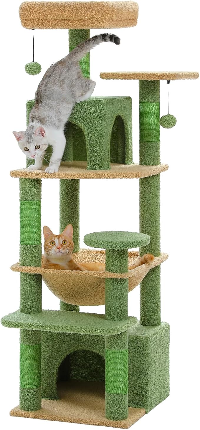 PAWZ Road Cat Tree, 53.5 Inches Tall Cat Tower with Spacious Hammocks, Condos and Scratching Posts, Cat House with Dual Padded Perches for Indoor Large Cats-Green-Mewly Pet