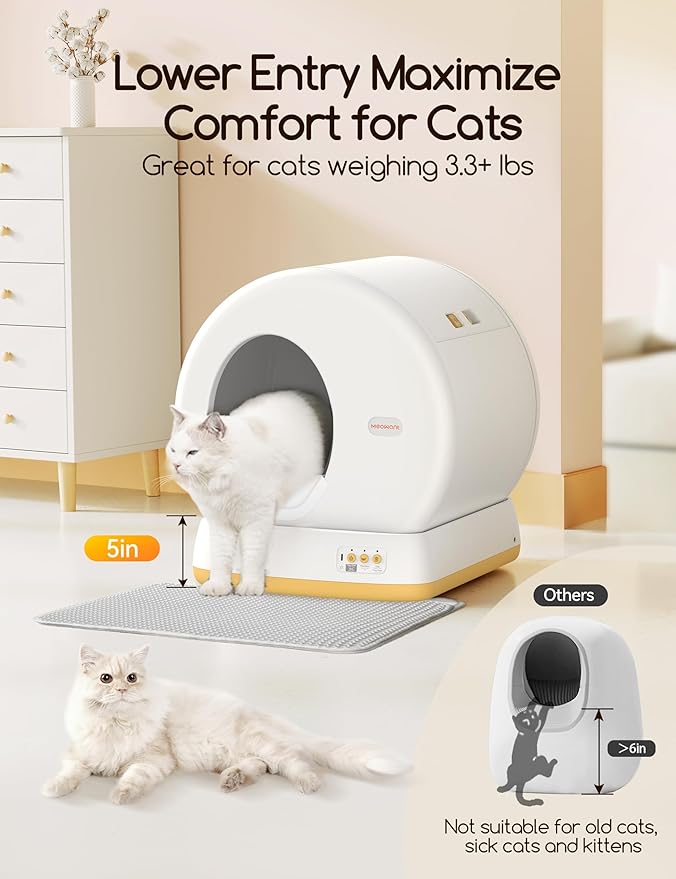 MeoWant Self-Cleaning Cat Litter Box, Advanced Safety System Automatic Cat Litter Box Perfect for Multi Cats, Extra Large/Odor Control/APP Control Smart Cat Litter Box with Mat & Liner, Yellow-Mewly Pet