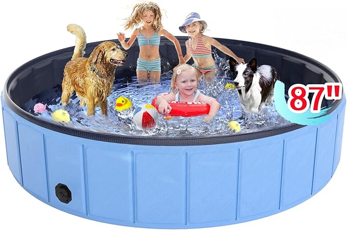 Large Foldable Dog Pool 87"x16", Hyperzoo Oversize Foldable Dog Swimming Pool, Hard Plastic PVC Leakproof Doggie Wading Collapsible Pet Bathing Tub for Puppy Small Medium Large Dogs and Kids, Blue-Mewly Pet