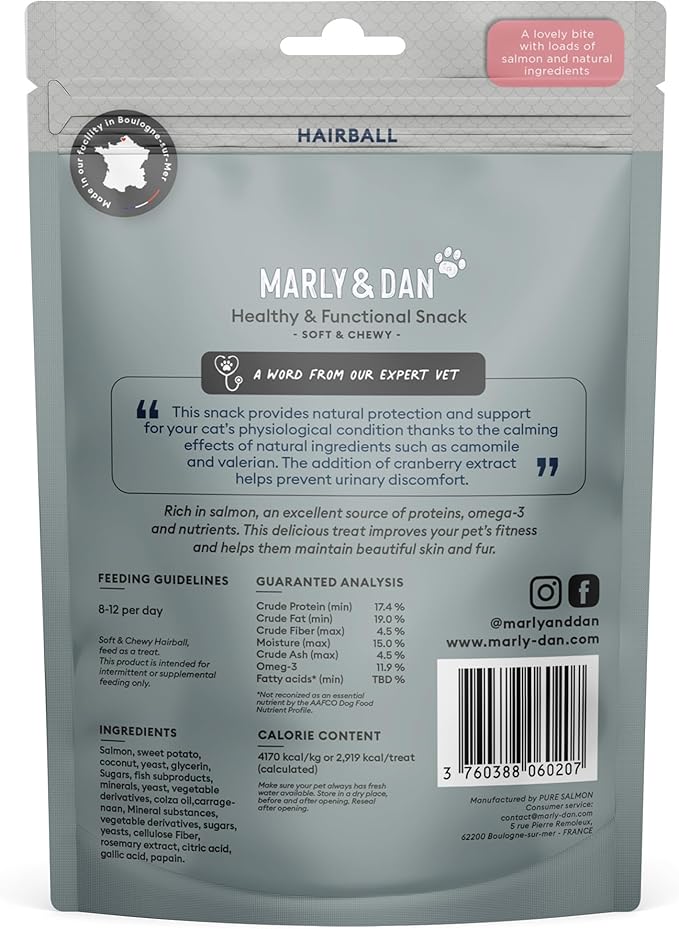 Marly & Dan Salmon Treats for Cats with Brewers Yeast & Coconut, Hairball Recipe, 3-oz Bag-Mewly Pet