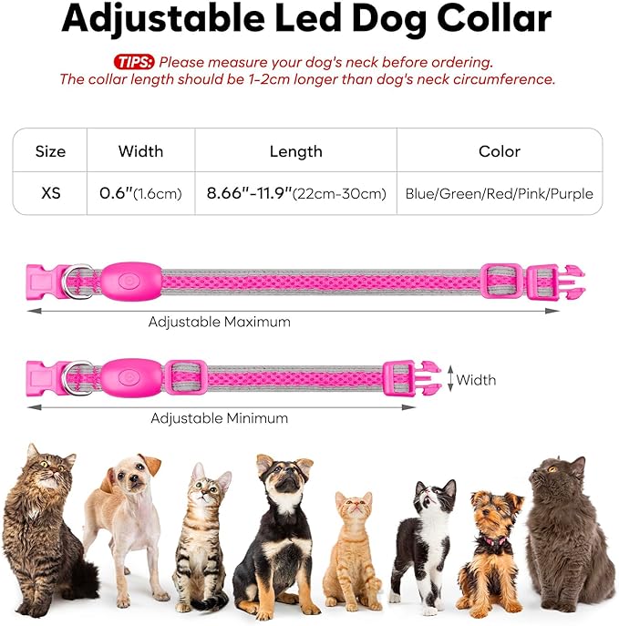 Flashseen LED Cat Collar,Light Up Dog Collar Rechargeable, Dog Lights for Night Walking, Comfortable Soft Mesh Pet Collar Adjustable for Cats Puppy and Small Dogs(Pink, XS)-Mewly Pet