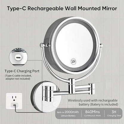 GURUN 8.5 Inch Magnifying Makeup Mirror with 3 Tones Dimmable LED Lights Double Sided Touch Control Rechargeable Vanity Mirror for Bathroom with 10X Magnification M1809DC-T (Chrome/10X)