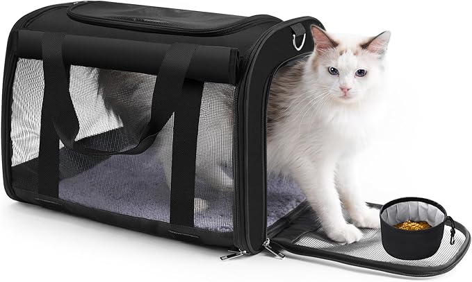 TWDEPART Cat Carrier Backpack - Multifunctional, Firm & Foldable with Roll-Up Shade, Breathable Design Includes Collapsible Bowl & Cushion (Black)-Mewly Pet