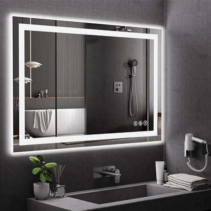 Koonmi 36x55 LED Bathroom Mirror, Backlit + Front Lit, LED Bathroom Mirror with Lights for Wall, 3 Colors, Anti-Fog, Dimmable Brightness, Memory Function, Tempered Glass