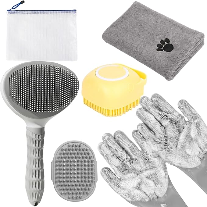 6-in-1 Grey Pet Grooming Kit: Hair Brush, Towel, Washing Gloves, Slicker Brush, and Shampoo Scrubber for Dogs and Cats-Mewly Pet