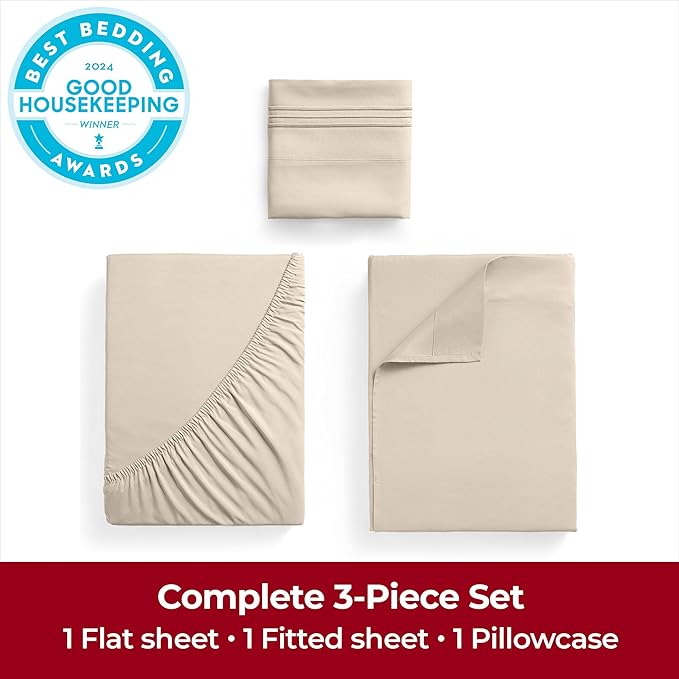 Mellanni Extra Deep Twin Sheets - 3 PC Iconic Collection Bedding - Hotel Luxury, Ultra Soft, Cooling Bed Sheets - Wrinkle, Fade, Stain Resistant (Twin, Beige)