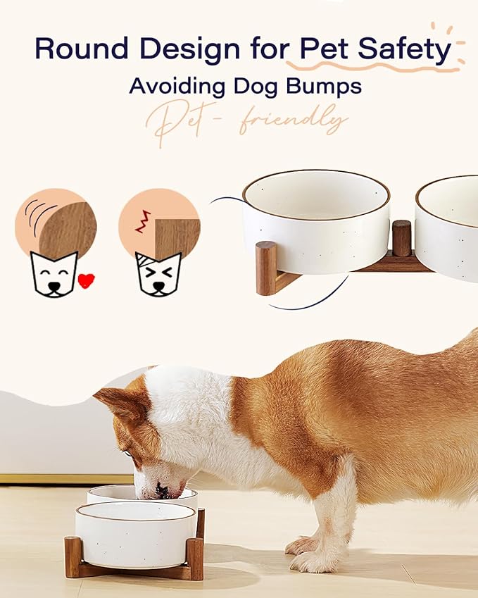 Getstar Ceramic Dog Bowls with Acacia Wood Stand, 30 fl oz, Set of 2, Dog Food Bowl with Colored Rim-Mewly Pet