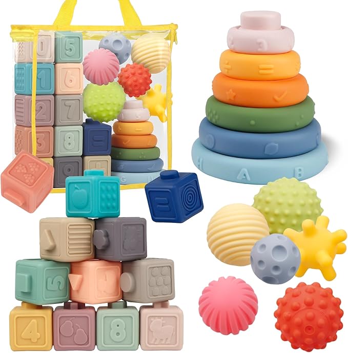 Montessori Toys for Babies,Soft Stacking Building Blocks Rings Balls Sets,3 in 1 Baby Toy Bundle,Sensory Toy for 6-12 Months, Soft Teething Toys for Babies,Baby Gifts for Boy Girl-Mewly Pet