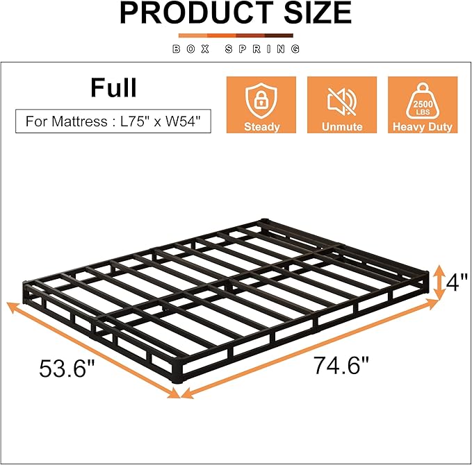 EMODA 4 Inch Full Box Spring Bed Base, 3000 LBS Heavy Duty Metal Mattress Foundation with Fabric Cover, Easy Assembly, Black