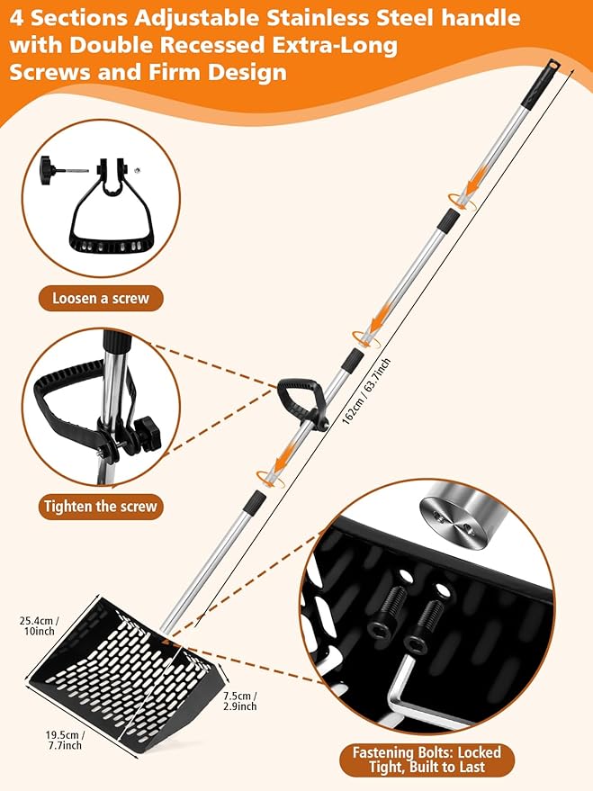 Chicken Poop Scooper with Ergonomic D-Grip 64" Long Handle 4 Sections Adjustable Stainless Steel Chicken Coop Scooper for Sand Sifting Shovel Farm Beach Garden Yard Waste Litter Pooper Cleaning Tools-Mewly Pet