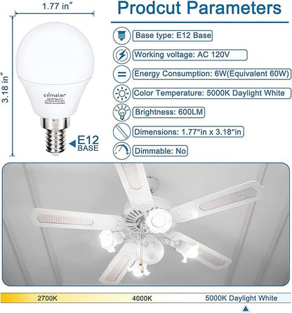 comzler Ceiling Fan Light Bulbs Candelabra LED Bulbs - 60 watt Equivalent, 5000K Daylight White Candelabra E12 Base A15 Small Light Bulbs,600lm,Non-Dimmable, Pack of 6