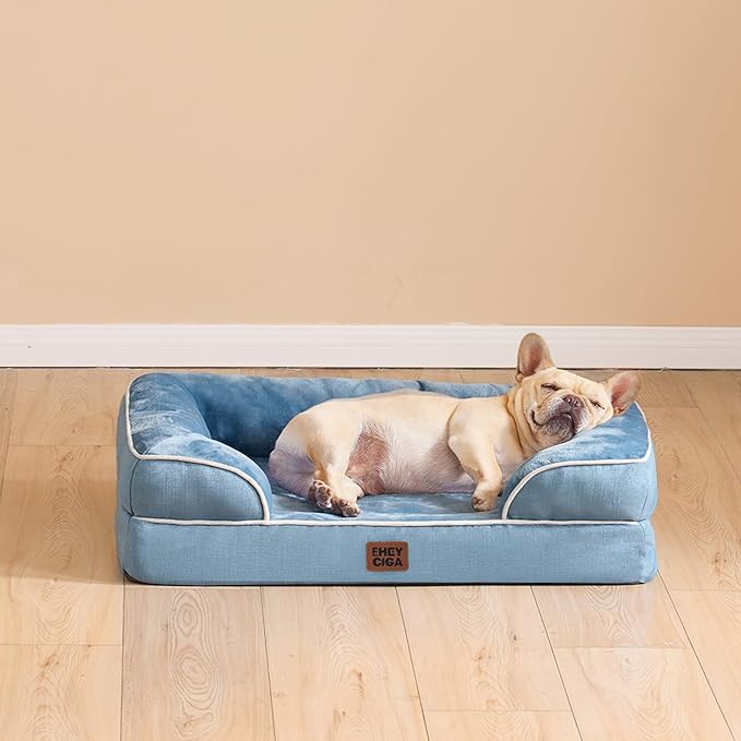 EHEYCIGA Orthopedic Dog Beds for Large Dogs, Waterproof Memory Foam Large Dog Bed with Sides, Non-Slip Bottom and Egg-Crate Foam Pet Couch Bed with Washable Removable Cover, Washed Blue-Mewly Pet