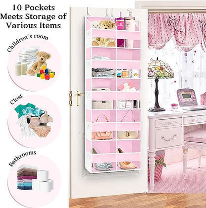 Pink Over The Door Organizer 5 Tiers, Extra Large Behind Door Storage of 10 Compartments, 50 lbs Weight Capacity Over The Door Storage for Closet, Diaper Organizer