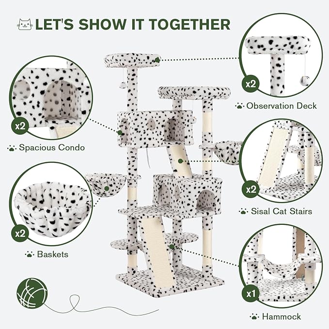 MUTICOR 66 Inches Multi-Level Large Cat Tree Tower for Indoor Big Feline/Cozy Plush Perches/Condo/Sisal Scratching Posts/Hammock and Baskets/Activity Center Play House/Wide Base/White & Black Spot-Mewly Pet