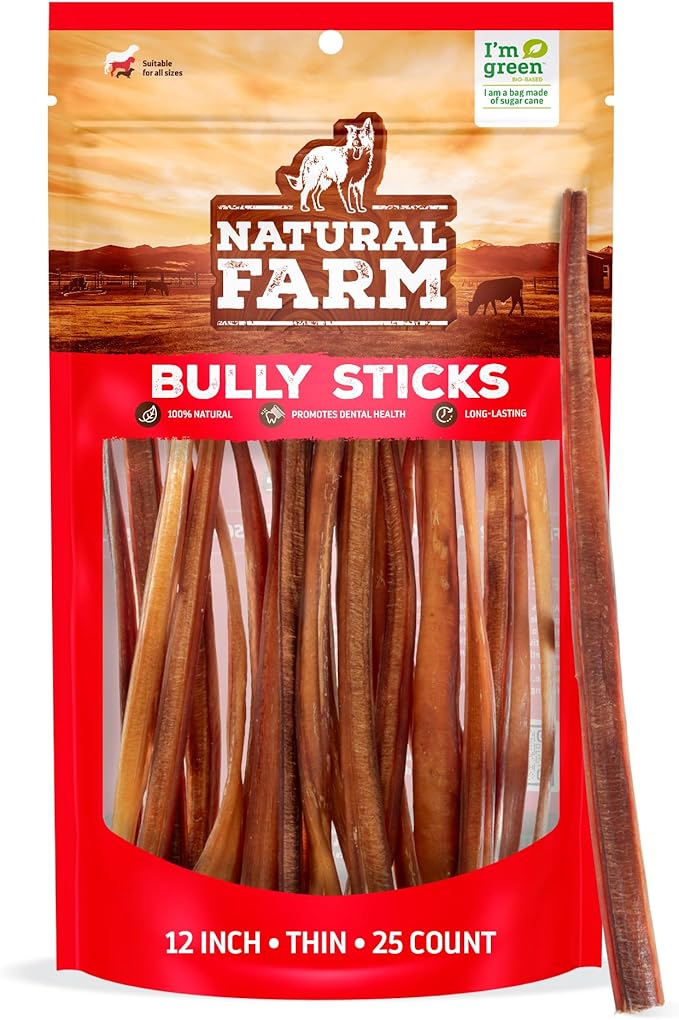Natural Farm Odor-Free Thin Bully Sticks (12”, 25-Pack) All-Natural Long-Lasting Dog Chews, 100% Beef Pizzle, Grass-Fed, Grain-Free, Protein for Muscle Development & Energy, Perfect for Large Dogs-Mewly Pet