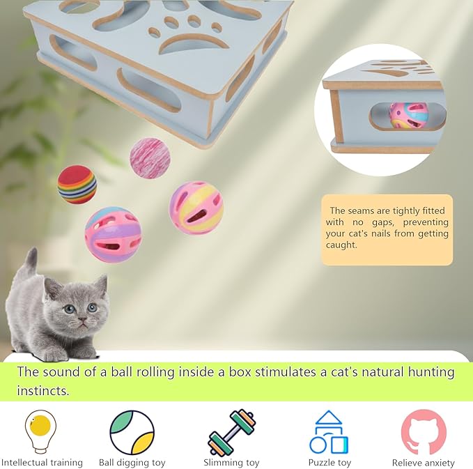 Interactive Wooden Cat Puzzle Toy Box Indoor Hunting Play Toy to Stimulate Your Cat’s Energy and Instincts (Blue)-Mewly Pet