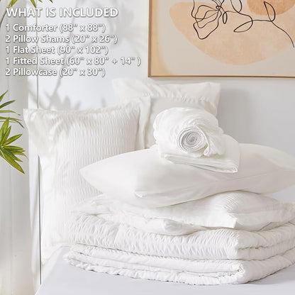 CozyLux Queen Comforter Set White Seersucker 7 Pieces Bed in a Bag Queen Comforter Set with Sheets, Luxury Soft Bedding Set with Down Alternative Comforter, Sheets, Pillowcases & Shams for All Seasons