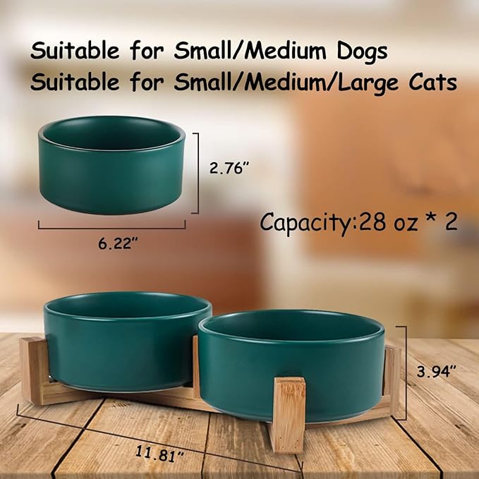 Petygooing Dog Bowls,Green Ceramic Cat Dog Bowl Set with Stand for Food and Water Feeder,Non-Slip Cute Modern Pet Dishes for Cats Small and Medium Size Dogs (28OZ/6.1 in)-Mewly Pet