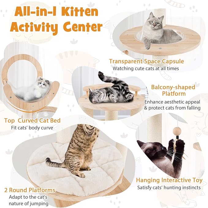 Tangkula Solid Wood Cat Tree, 4-in-1 Building Block Large Cat Tower with Space Capsule Nest, Scratching Posts, Padded Platform, Hanging Toy, Cat Tree Tower with 4 Transformations for Indoor Cats-Mewly Pet