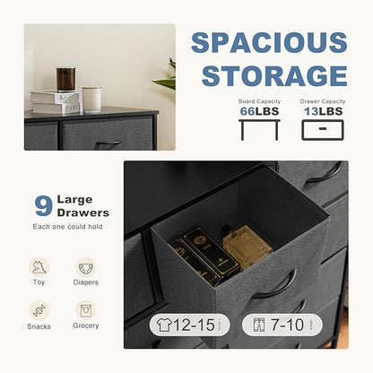 DUMOS Dresser for Bedroom, Dressers & Chests of Drawers Dresser Organizer, Wood Top Table Furniture with 9 Fabric Storage Tower Unit, Chest of Drawers for Closet, Living Room, Hallway, Porch