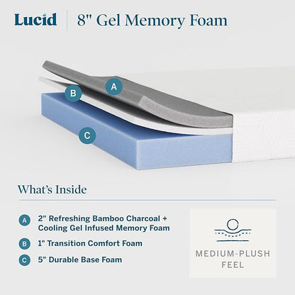 Lucid 8 Inch Memory Foam Mattress - Medium Plush Feel - Infused with Refreshing Bamboo Charcoal and Cooling Gel - Bed in a Box - Temperature Regulating - Pressure Relief - Breathable - Queen Size