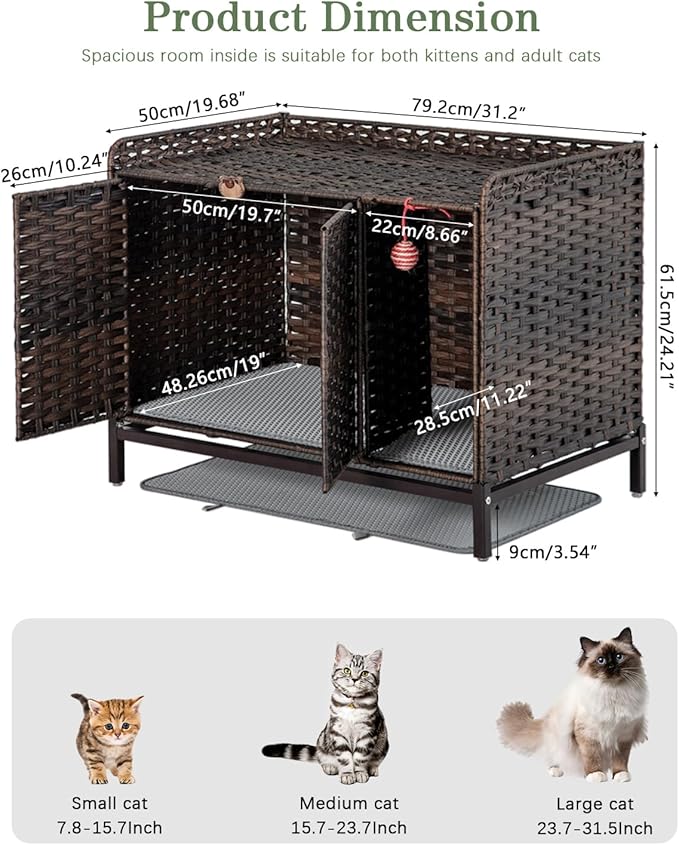 Cat Litter Box Enclosure Furniture with Divider, Handwoven Rattan Litter Box with Mat, 31.2 x 19.6 x 24.2 Inches, Metal Heightened Feet, Hidden Cat House for Living Room, Bedroom (Brown)-Mewly Pet
