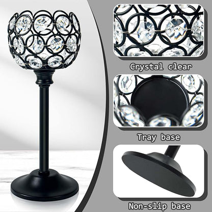 6pcs Crystal Candle Holder Set, 3 Sizes Tealight Candlestick Holders, Elegant Black Candelabra Bulk for Wedding Table Centerpiece, Fireplace, Home & Living Room Decor