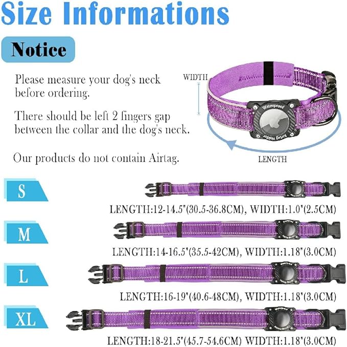 Upgraded AirTag Dog Collar, IP68 Waterproof Dog Collar with Apple Air Tag Holder, Reflective Adjustable Heavy Duty Dog Collars with Soft Padded for Small, Medium and Large Dogs,Purple, XL-Mewly Pet