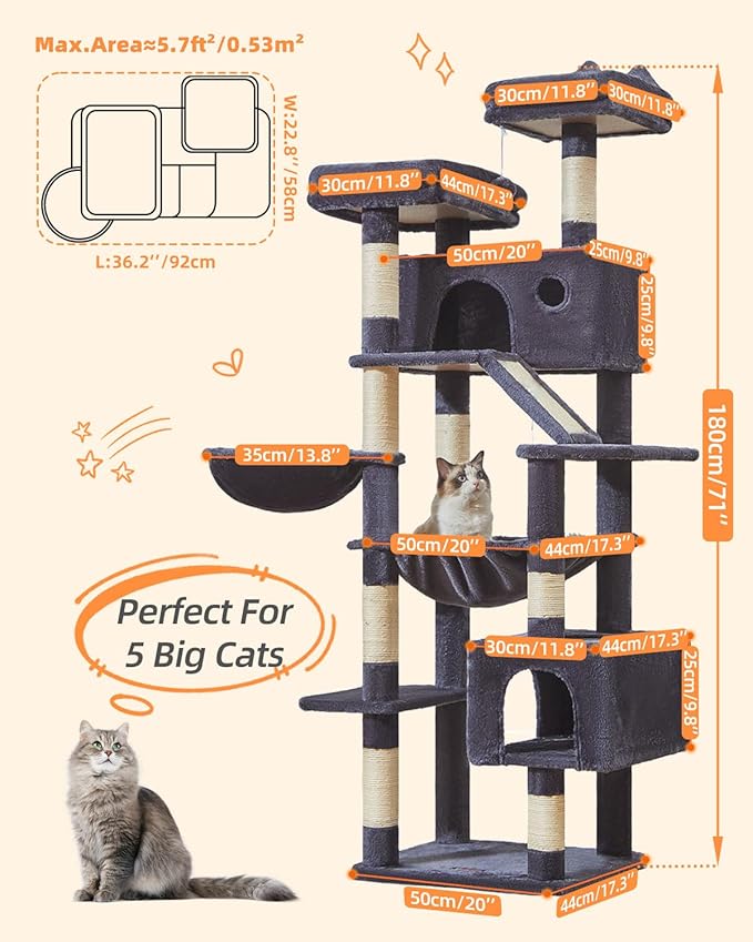 Taoqimiao Cat Tree 71-Inch, Cat Tower for Indoor Cats Large Adult, Multi-Level Large Cat Condo, 8 Sisal Scratching Posts, Metal Frame Cozy Hammock, Scratch Board, 2 Top Perches, Smoky Gray MS026LG-Mewly Pet