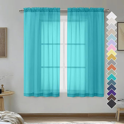 OVZME Turquoise Sheer Curtains 54 Inches Long 2 Panels - Soft Light Filtering Window Sheer Panels for Living Room/Bedroom, Top Dual Rod Pocket, 1 Pair, Each 42Wx54L Inches