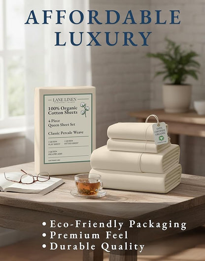 LANE LINEN 100% Organic Cotton Queen Sheets, 4Pc Cotton Sheets Set, Classic Percale Weave Bedsheets Queen Size Bed, Soft Breathable Sheet & Pillowcase Sets, Deep Pocket 15" - Natural